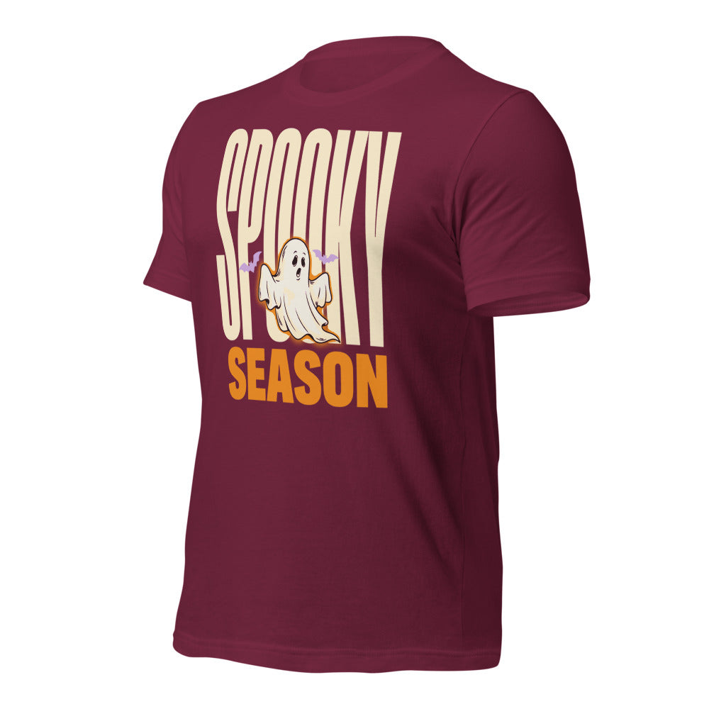 Spooky Season retro Halloween ghost typography tee — Maroon, front-right