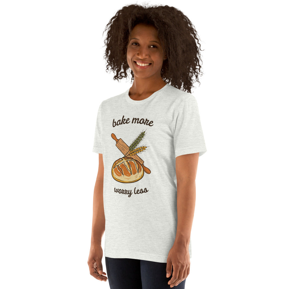 Bake More Worry Less retro kitchen sourdough tee — Ash, on model