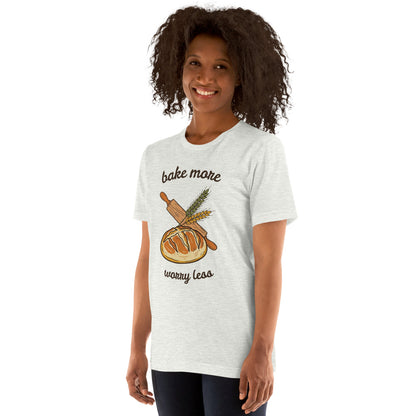 Bake More Worry Less retro kitchen sourdough tee — Ash, on model