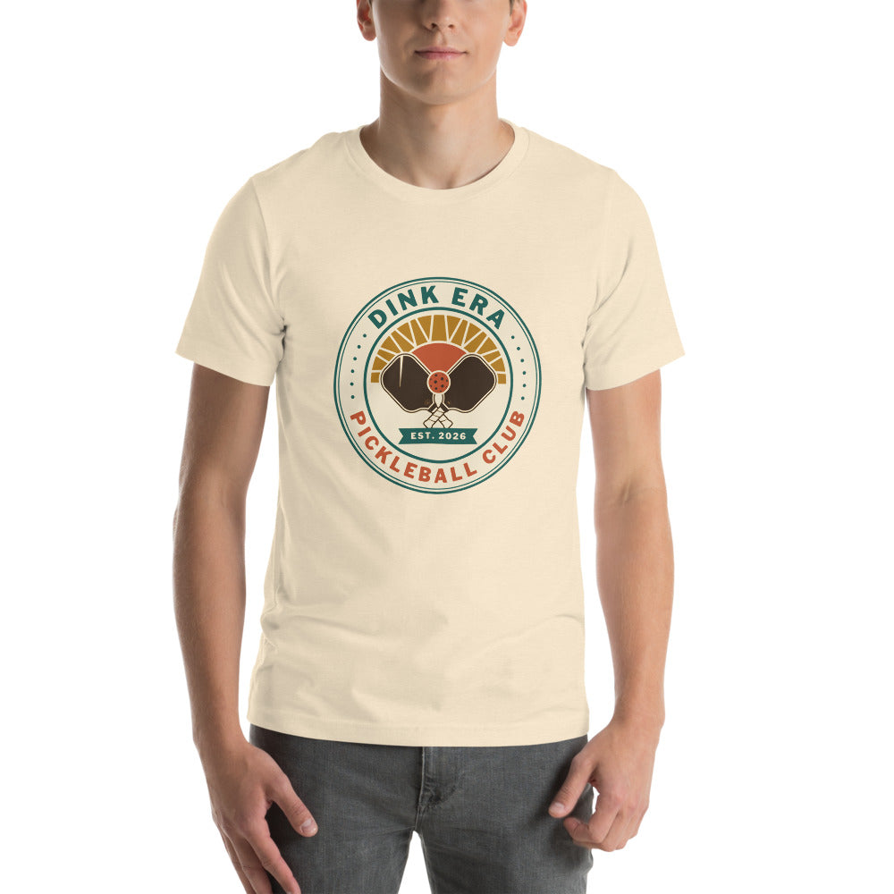 Dink Era Pickleball Club retro tee — Heather Natural, on model