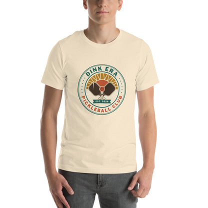 Dink Era Pickleball Club retro tee — Heather Natural, on model