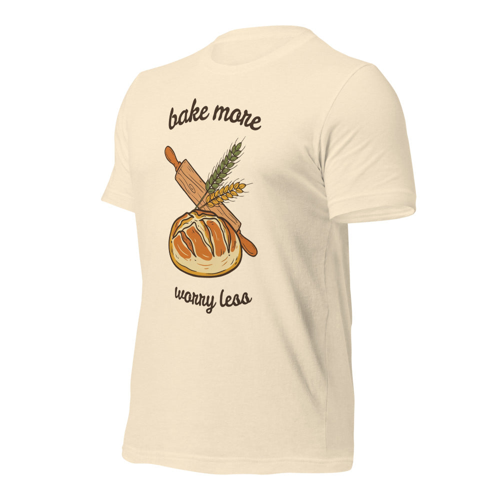 Bake More Worry Less retro kitchen sourdough tee — Heather Natural, front right