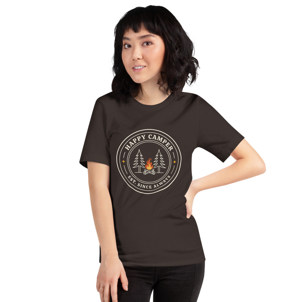 Happy Camper retro camp badge tee — Brown, on model