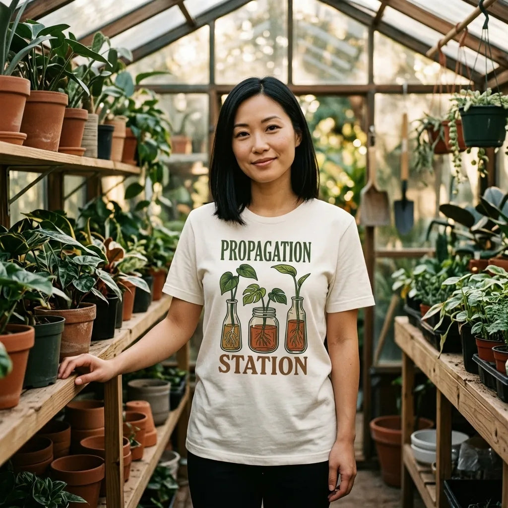Propagation Station retro botanical plant lover tee — woman in a greenhouse plant shop, Vintage White