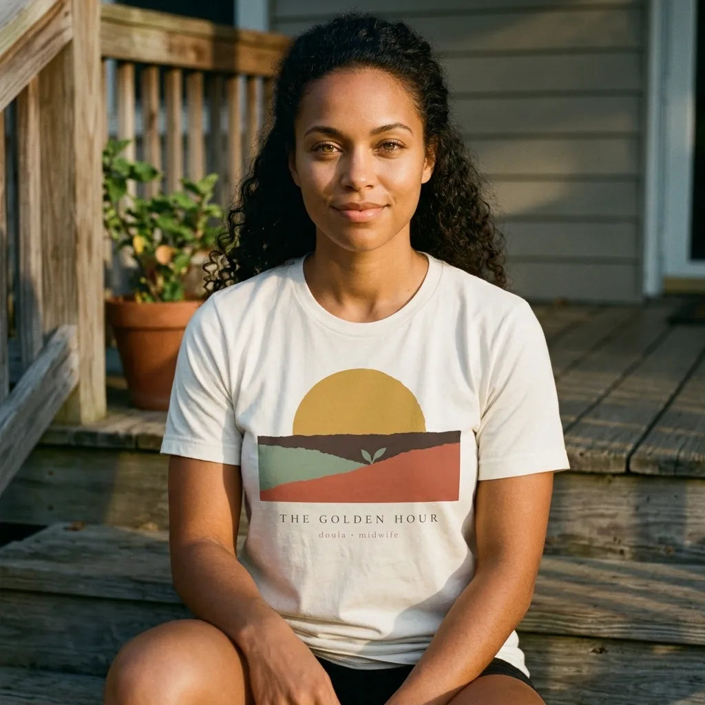 The Golden Hour birth worker doula t-shirt — lifestyle