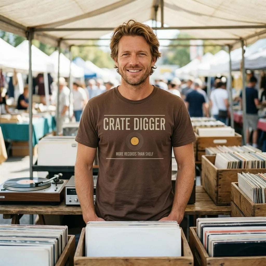 Crate Digger vinyl record tee — lifestyle