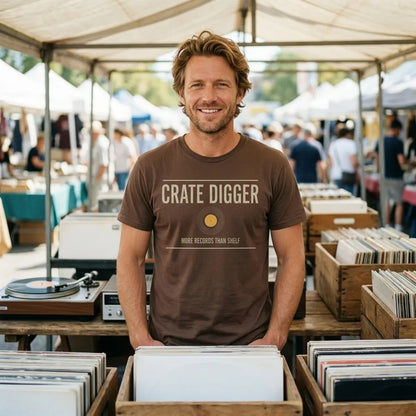 Crate Digger vinyl record tee — lifestyle