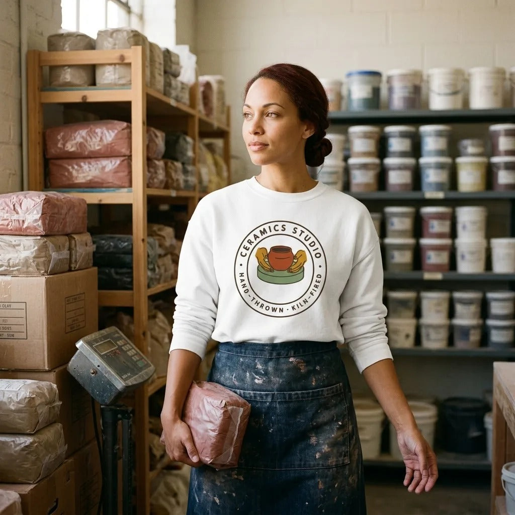 Ceramics Studio Badge hand-thrown pottery crewneck sweatshirt — lifestyle