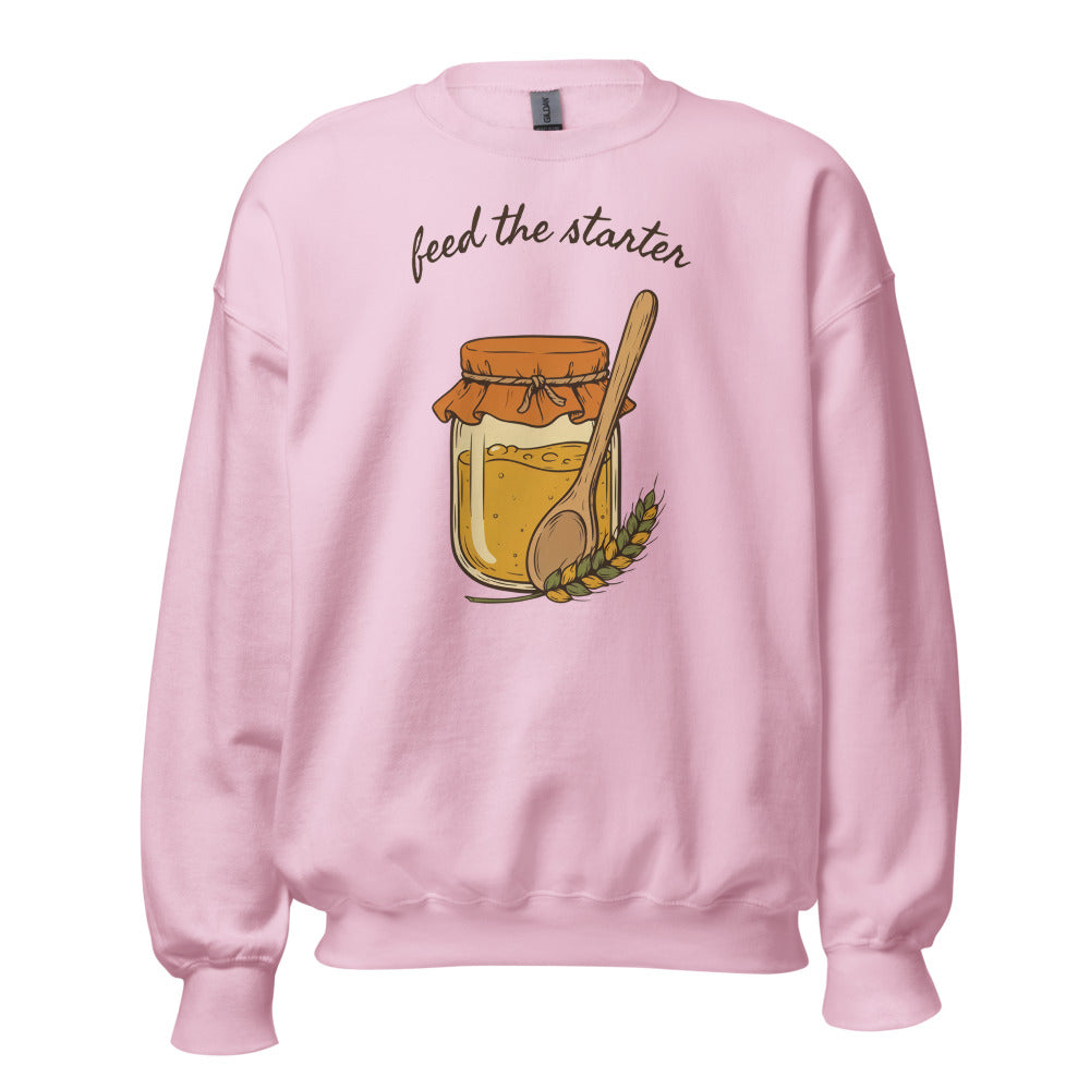 Feed The Starter sourdough baker crewneck sweatshirt — Light Pink, front