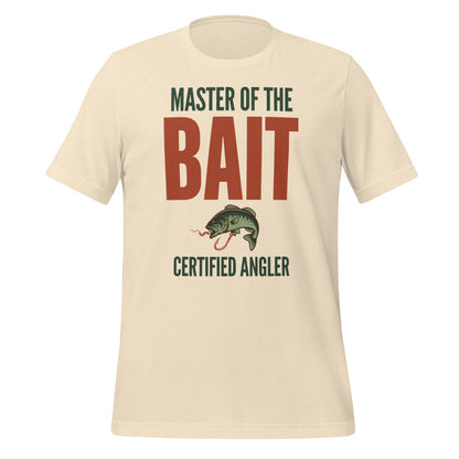 Master of the Bait retro fishing humor typography tee — Heather Natural, front
