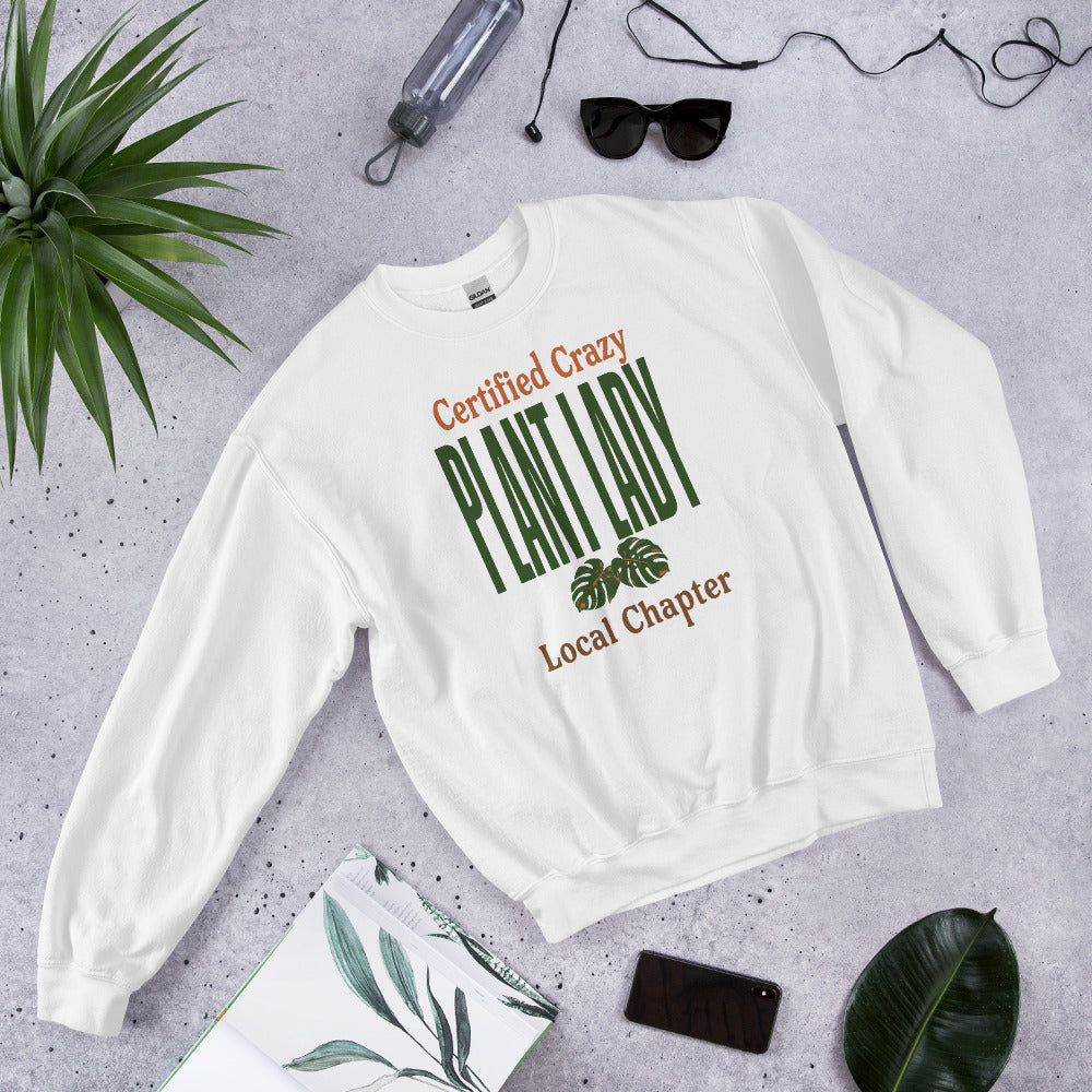 Certified Crazy Plant Lady retro botanical crewneck sweatshirt — White, flat lay front