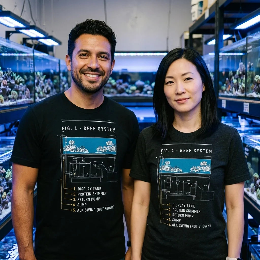 Reef System technical cutaway saltwater aquarium t-shirt — lifestyle