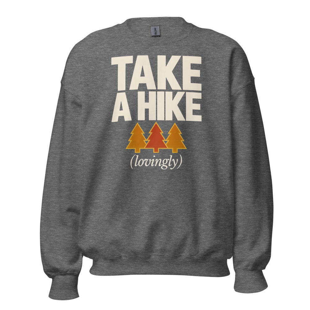 Take a Hike retro outdoors humor typography crewneck sweatshirt — Graphite Heather, front