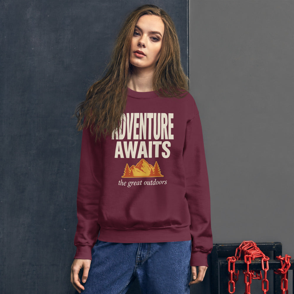 Adventure Awaits retro outdoors typography crewneck sweatshirt — Maroon, worn by model