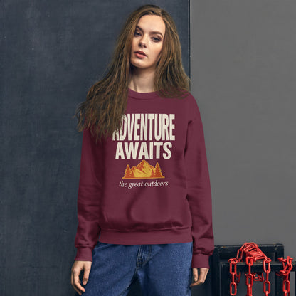Adventure Awaits retro outdoors typography crewneck sweatshirt — Maroon, worn by model