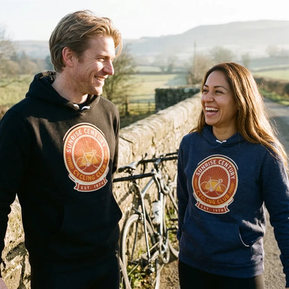 Sunrise Century C.C. retro cycling club badge hoodie — lifestyle