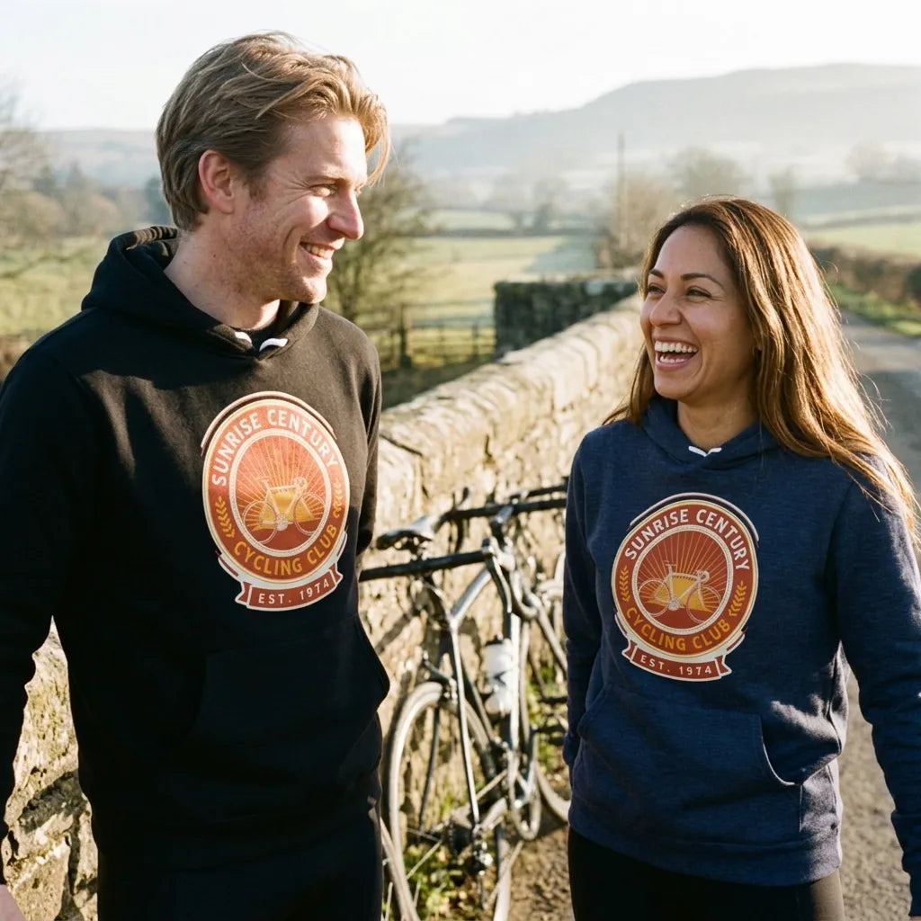Sunrise Century C.C. retro cycling club badge hoodie — lifestyle