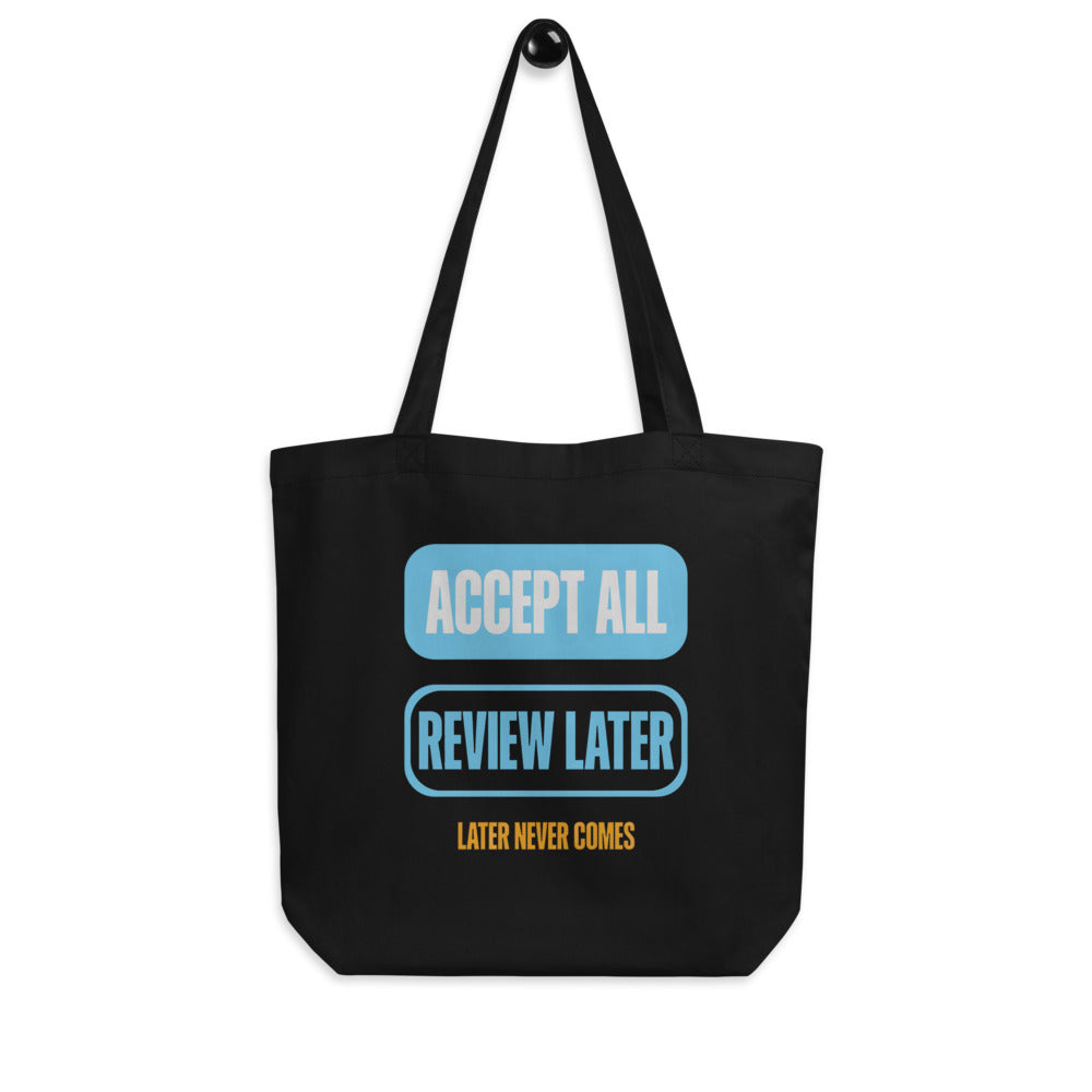 Accept All Review Later canvas tote bag — Black, hanger