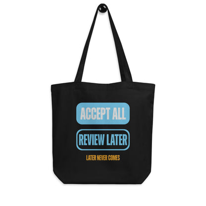 Accept All Review Later canvas tote bag — Black, hanger
