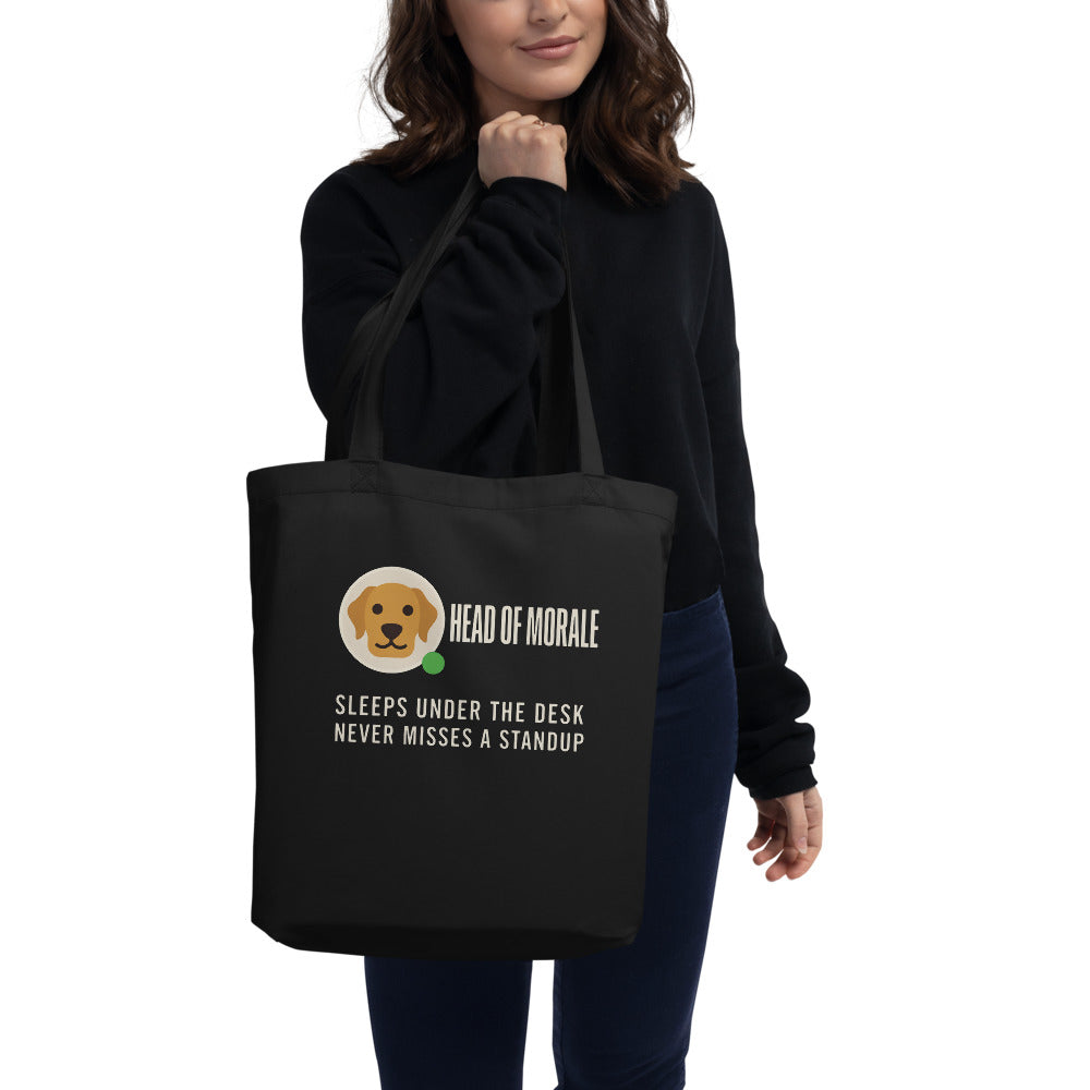Head of Morale dog profile card tote bag — Black, on model