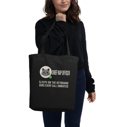 Chief Nap Officer cat profile card tote bag — Black
