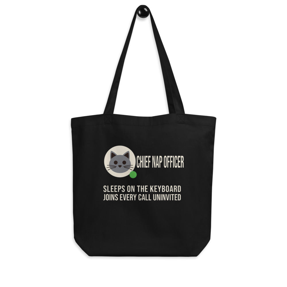 Chief Nap Officer cat profile card tote bag — Black, hanger