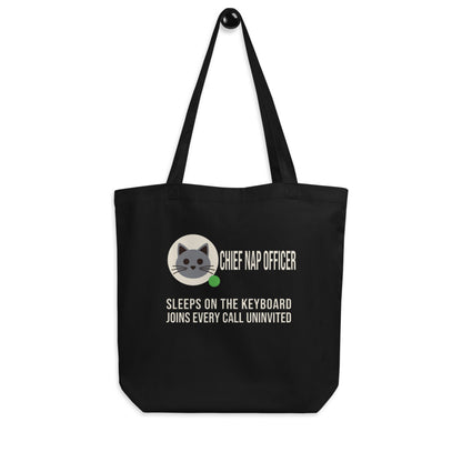 Chief Nap Officer cat profile card tote bag — Black, hanger