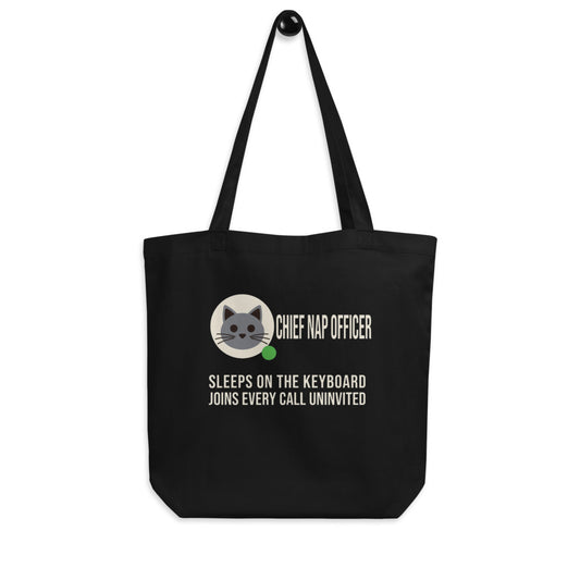 Chief Nap Officer cat profile card tote bag — Black, hanger