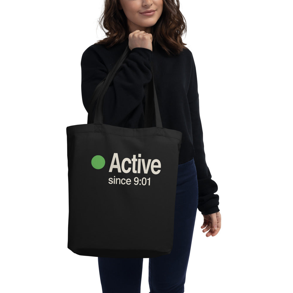 Active Since 9:01 presence status tote bag — Black, on model