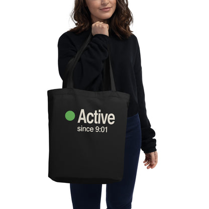 Active Since 9:01 presence status tote bag — Black, on model