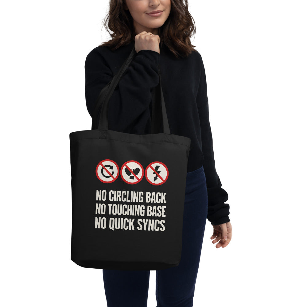 No Circling Back corporate jargon prohibition signs tote bag — Black