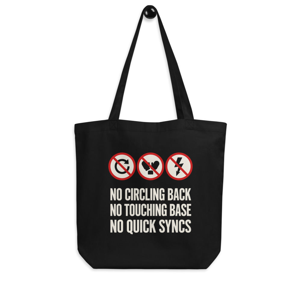 No Circling Back corporate jargon prohibition signs tote bag — Black, hanger