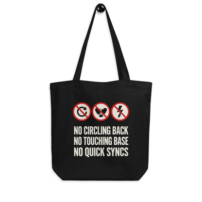 No Circling Back corporate jargon prohibition signs tote bag — Black, hanger