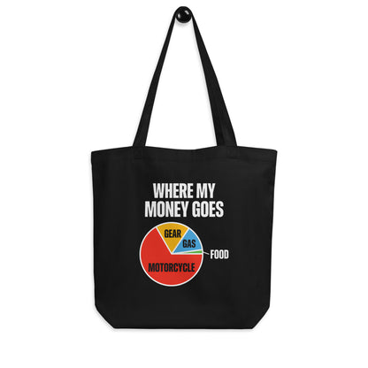 Where My Money Goes funny motorcycle tote bag — Black, hanger