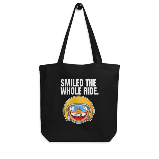 Smiled The Whole Ride funny motorcycle tote bag — Black, hanger