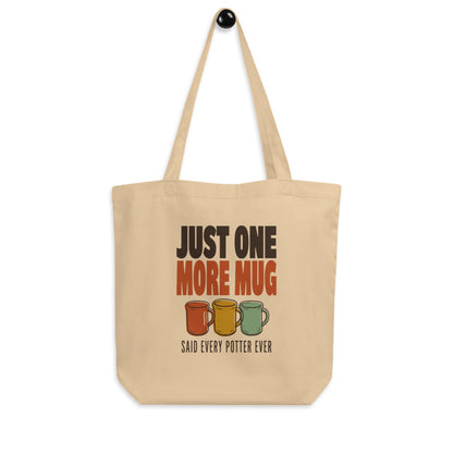Just One More Mug funny pottery canvas tote bag — Oyster, hanger