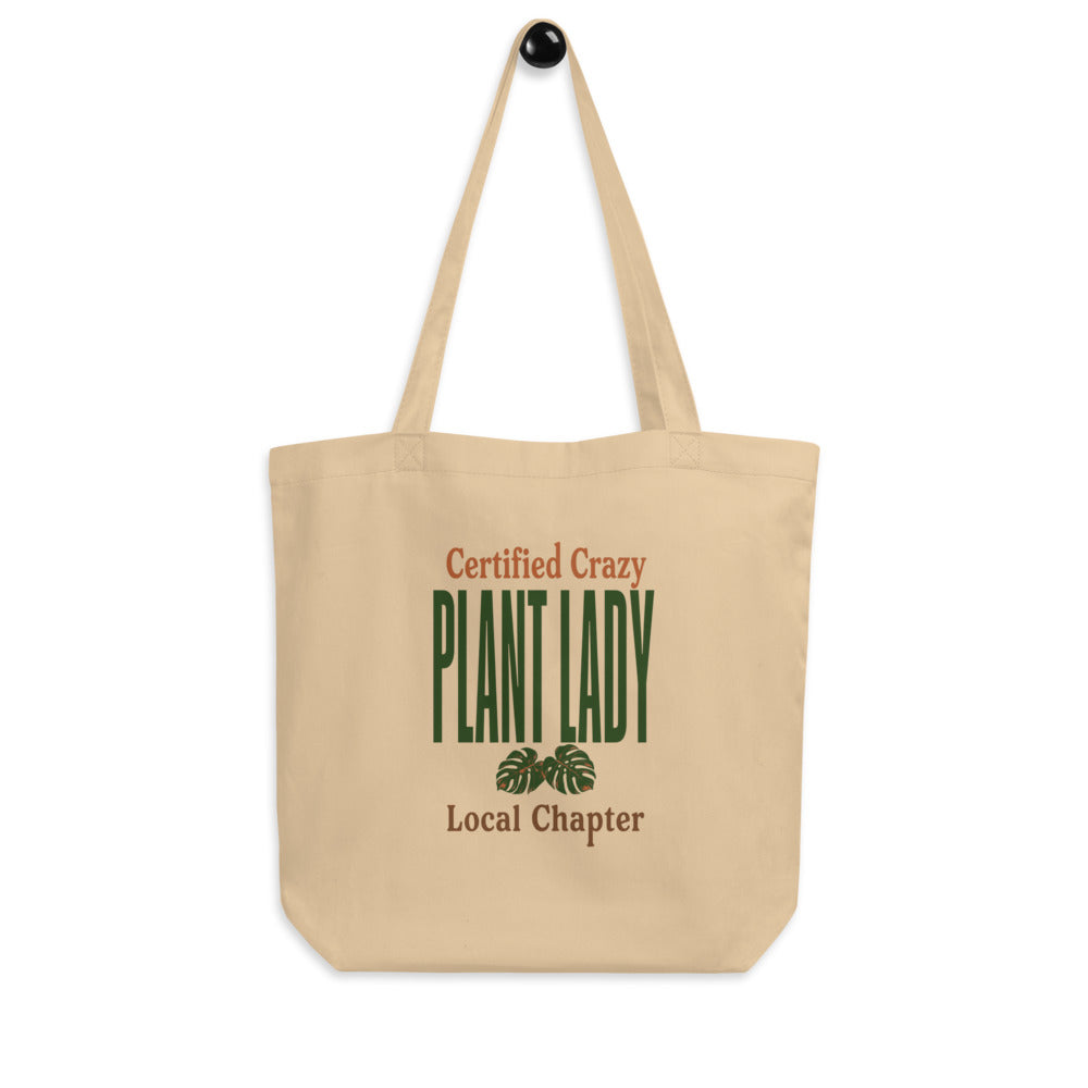 Certified Crazy Plant Lady retro botanical canvas tote bag — Oyster, hanger