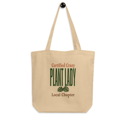 Certified Crazy Plant Lady retro botanical canvas tote bag — Oyster, hanger