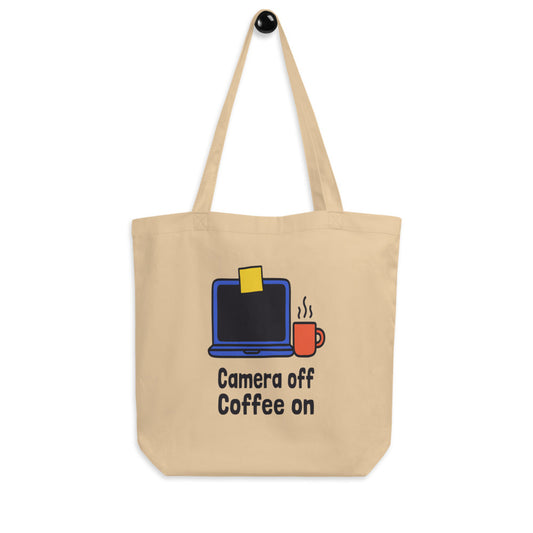 Camera Off Coffee On funny office humor tote bag — Oyster, hanger
