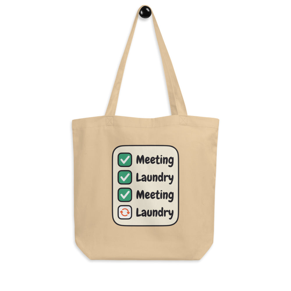 Meeting Laundry funny remote worker tote bag — Oyster, hanger