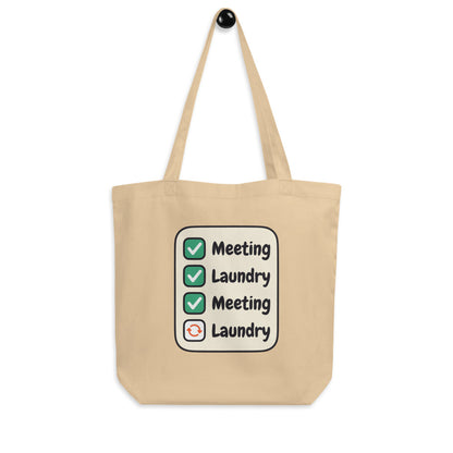 Meeting Laundry funny remote worker tote bag — Oyster, hanger