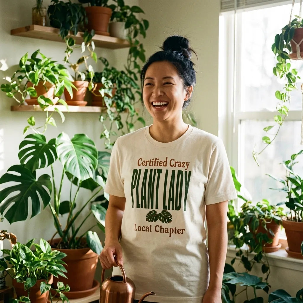 Certified Crazy Plant Lady retro botanical tee — woman laughing in a sunlit home plant corner, Vintage White