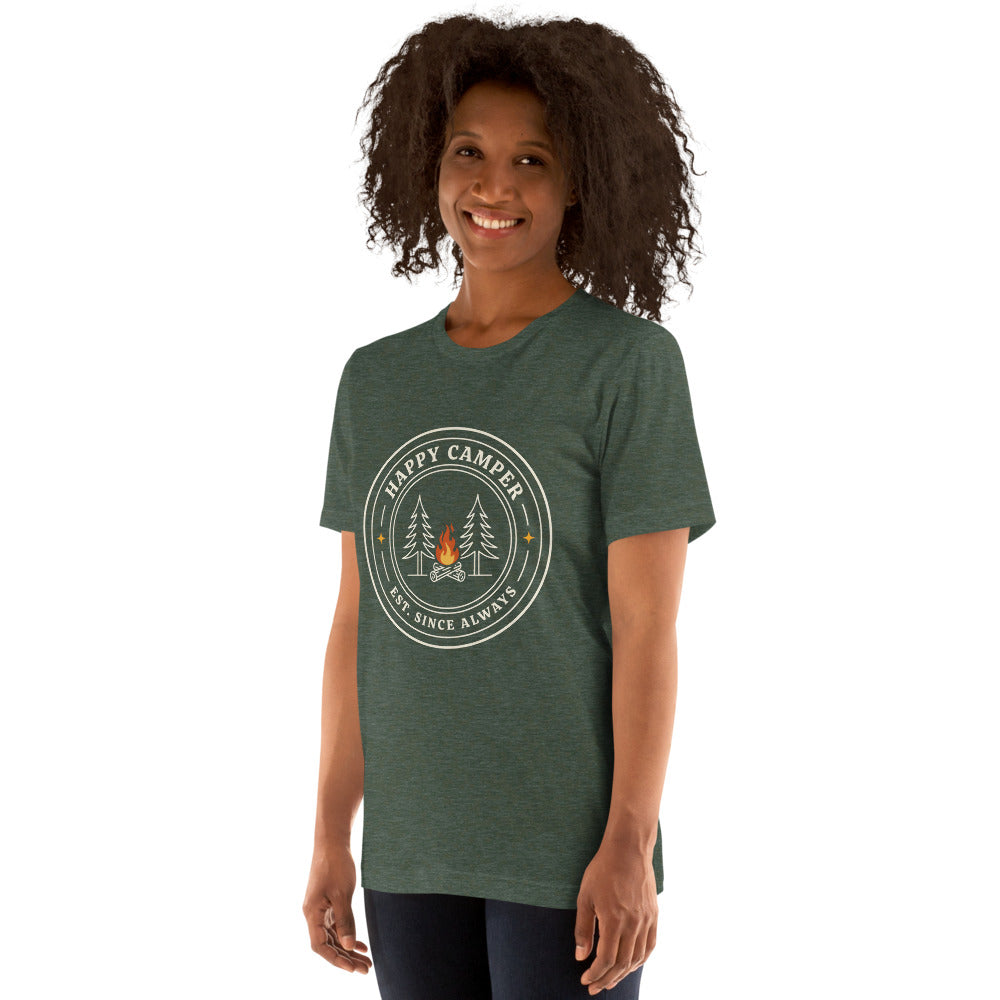 Happy Camper retro camp badge tee — Heather Forest, on model