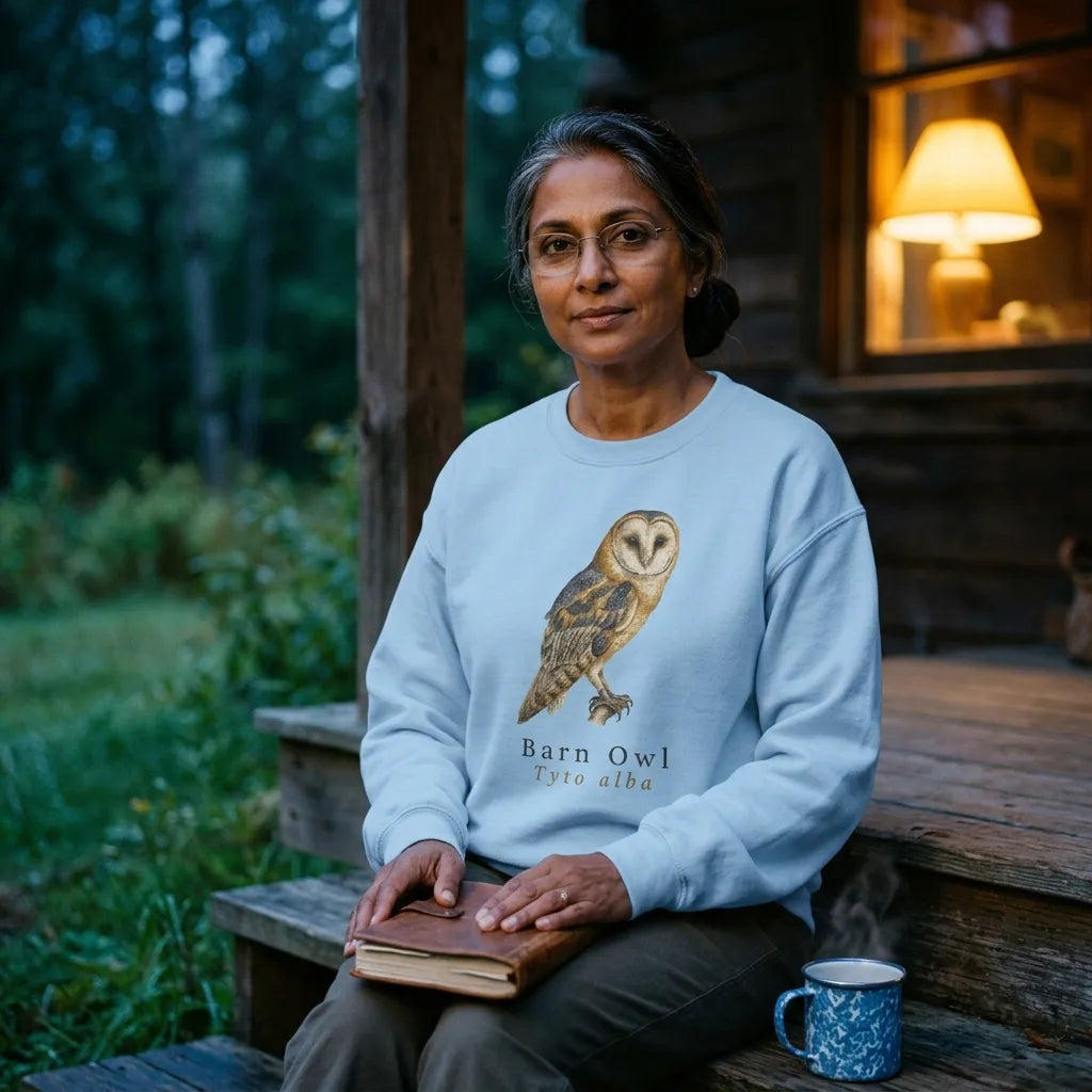 Birder on a cabin porch at blue hour wearing the Barn Owl vintage field-guide crewneck — Light Blue