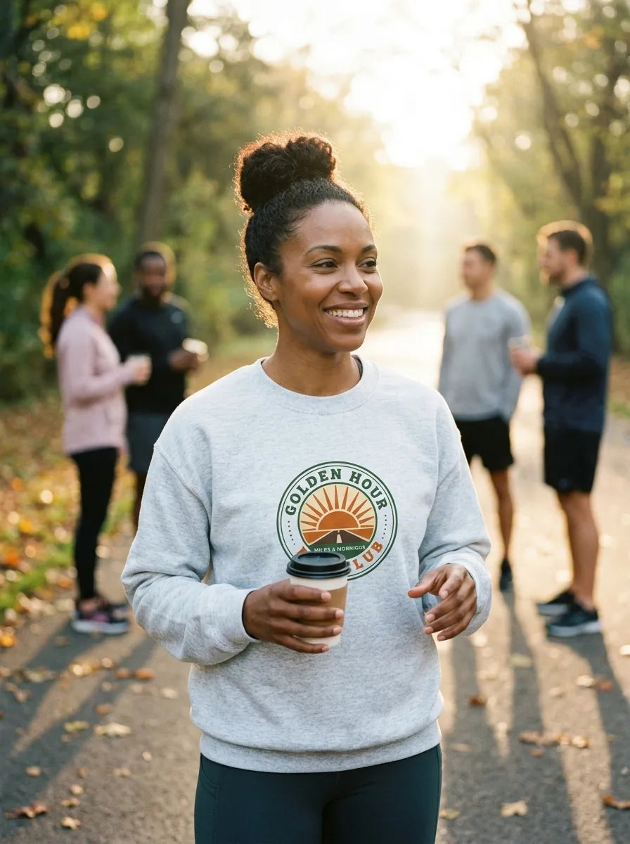 Golden Hour Run Club crewneck on a runner in Ash — golden-hour park, morning run club
