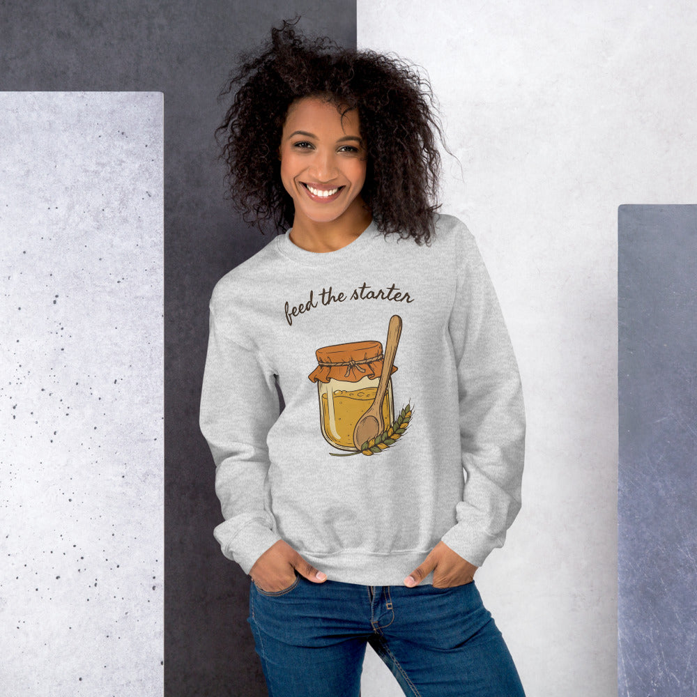 Feed The Starter sourdough baker crewneck sweatshirt — Ash, on model