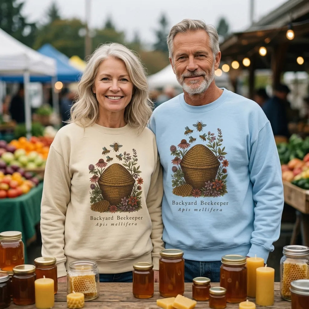 Backyard Beekeeper field-guide bee crewneck sweatshirt — lifestyle