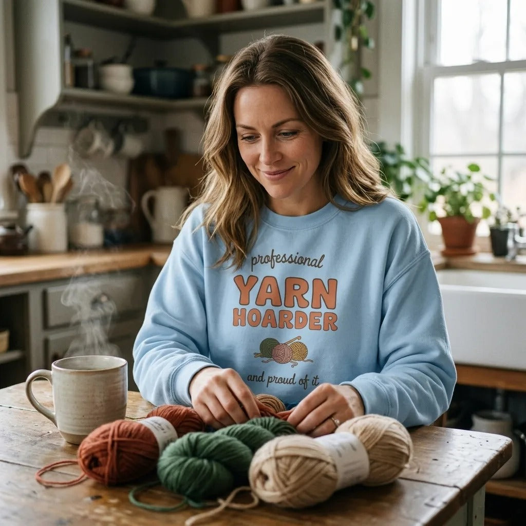 Professional Yarn Hoarder crochet crewneck sweatshirt — Light Blue, woman sorting yarn at a farmhouse kitchen table