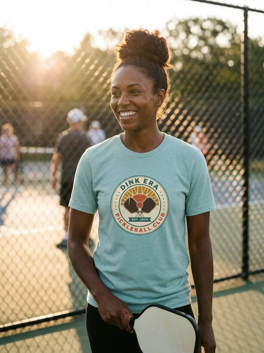 Dink Era Pickleball Club tee on a player in Heather Prism Dusty Blue — courtside golden-hour