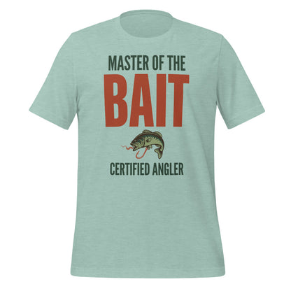 Master of the Bait retro fishing humor typography tee — Heather Prism Dusty Blue, front